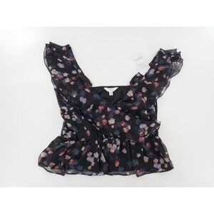 Time and Tru Blouse Floral Peplum Ruffle Surplice Womens Size S Black Multicolor